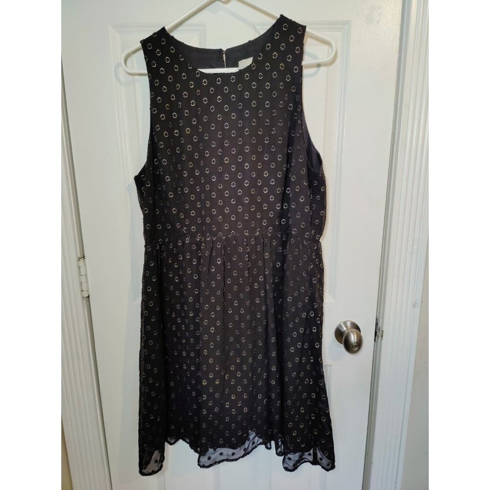 A New Day Black Sleeveless Knee=Length Dress W Gold Accents Chiffon Overlay XXL
